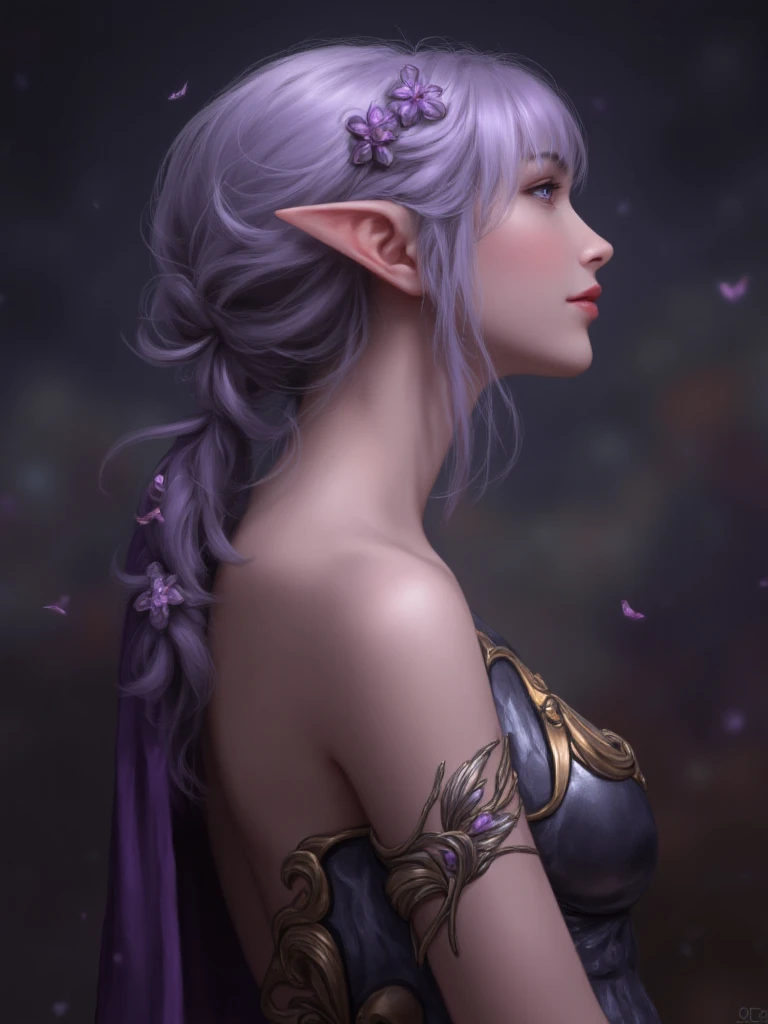 Image is a digital painting in a fantasy style, featuring a side profile of an elf-like character. The subject has pointed ears and delicate facial features, with fair skin and a serene expression. Her hair is a soft lavender color, intricately braided and adorned with small purple flowers. She wears ornate armor with gold detailing, and a purple cloak drapes over her shoulder. The background is a blend of dark and muted colors, creating a mystical and ethereal atmosphere. The lighting highlights her face and the intricate details of her attire, adding depth and focus to the composition.