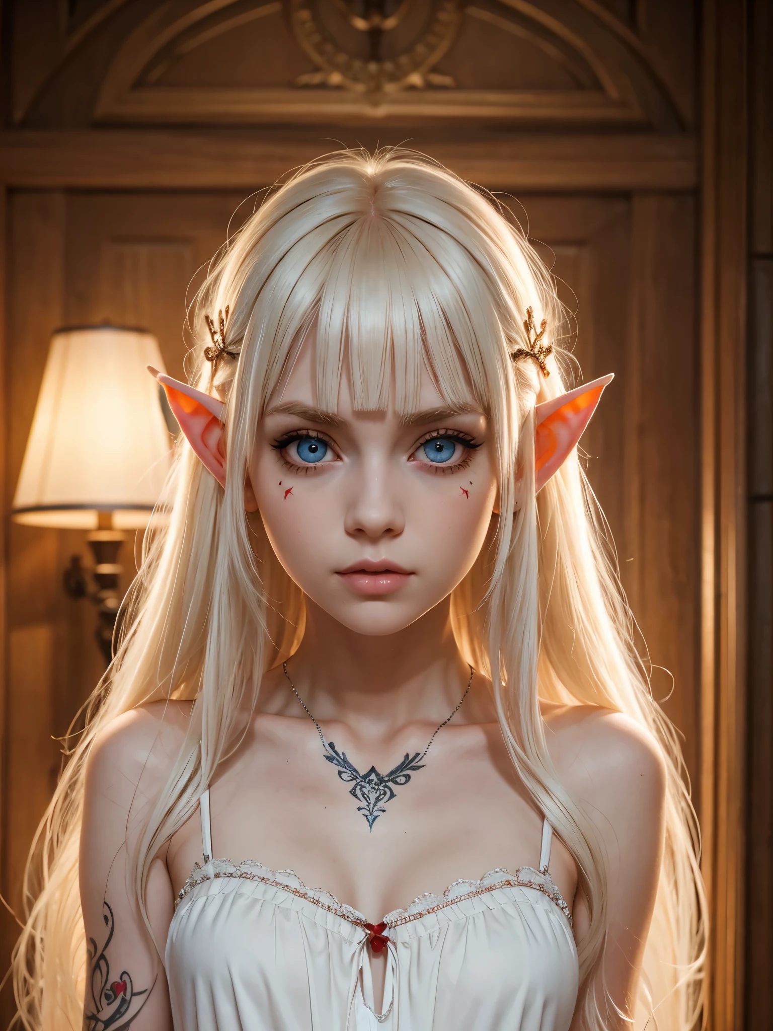 (best quality), 1girl, Female, pale skin, platinum blonde hair, very long hair, parted bangs, hazel eyes, big eyes, perfect eyes, elf, nightgown, red face tattoos, small bust, fantasy universe, masterpiece, anatomically correct, highres
