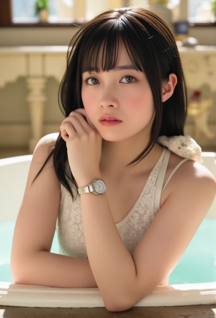  Hashimoto Kanna, one woman、beautiful、Perfect looks、 pale turquoise eyes :1.3, Big Breasts 、 perfect balance 、 black micro bikini while sitting in the bathtub、((( blurry background)))、Luxury palace,、( please redeem : 1.1), (Realistic: 1.1), (  photos: 1.1), ( Very detailed: 1.1),nsfw, beautiful nipples, Completely naked、 boobs