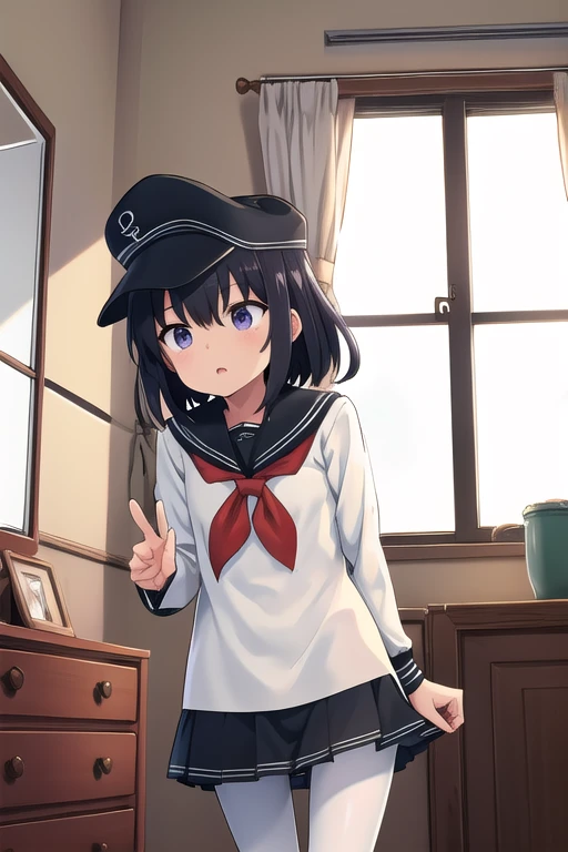 ( best quality,4K,8k, high definition ,masterpiece:1.2)，Akatsuki， a very young girl ，Very short stature:1.3， toddler figure :1.2，Short legs， flat cap,  sailor suit ， white shirt,  Long Sleeve ， pantyhose ，green， Window ，Shine， cowboy shooting， kampala，Amazing hands ，Stop watching 、 perfect hand to get close to a mirror，upside down， girls panties ，