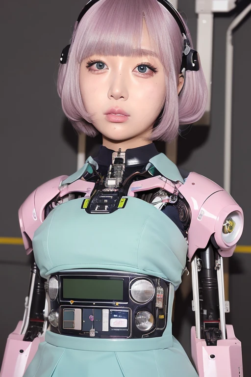 masterpiece, best quality, extremely detailed,portrait,front view,Japaese android girl,Plump,pastel color uniform, control panels,android,Droid,Mechanical Hand, Robot arms and legs,Blunt bangs,long tube,thick cable connected her neck