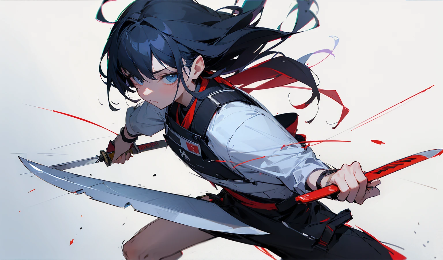 silhouette,sumi ink painting,A dynamic ,a young warrior woman with piercing blue eyes, holding a bloodstained katana. She has a fierce expression and is ready for battle, with her hair tied back and strands flowing in the wind. The background is minimalistic with splashes of red and orange, emphasizing the dramatic and powerful atmosphere of the scene. Her attire is dark and tattered, adding to her determined and resilient appearance.