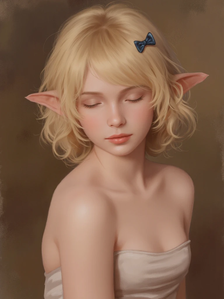 Image is a digital painting featuring a young female character with a fantasy theme. The style is impressionistic with soft brush strokes and a warm color palette. The subject has light skin and pointed elf-like ears, with short, wavy blonde hair adorned with a blue hairpin. Her eyes are closed, and her expression is serene and contemplative. The background is an abstract blend of earthy tones, complementing the subject's attire, which is a simple, strapless garment. The overall composition is balanced, with the character positioned slightly off-center, creating a sense of depth and focus on her delicate features.