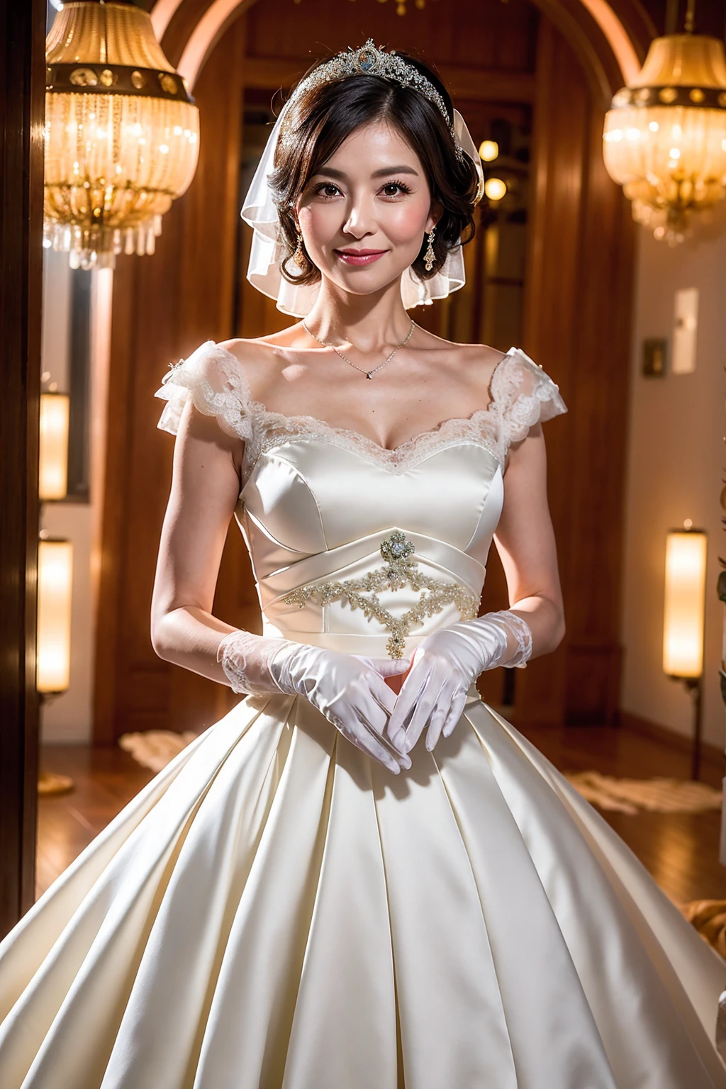 ((Masterpiece)), ((Best Quality)), A middle-aged short-hair woman, (((She is wearing a wedding dress))), in a ceremony hall, white gloves on her hands, Asian, dark eyes, white veil, 