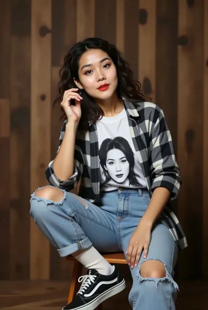 The image features amira seated casually on a stool against a wood plank background, exuding a relaxed, streetwear-inspired vibe. She wears a white graphic t-shirt with a bold black-and-white portrait print, layered with a loose plaid shirt that drapes effortlessly down her arms. Her light blue ripped jeans straight-leg pants or joggers pair seamlessly with classic black Vans Old Skool sneakers and high white socks, completing the understated yet stylish look. In her introspective pose, she leans forward slightly, with one hand resting on her thigh while the other touches her curly hair, enhancing the moody and candid feel of the shot. The soft, diffused lighting casts an even glow across the scene, emphasizing the textures of her outfit and her thoughtful expression while minimizing harsh shadows. The close framing and minimalist setup highlight her outfit and pose, creating a clean, professional aesthetic typical of modern urban lifestyle photography. Over shoulder shot, taken slightly from below, soft box, Rembrandt lighting