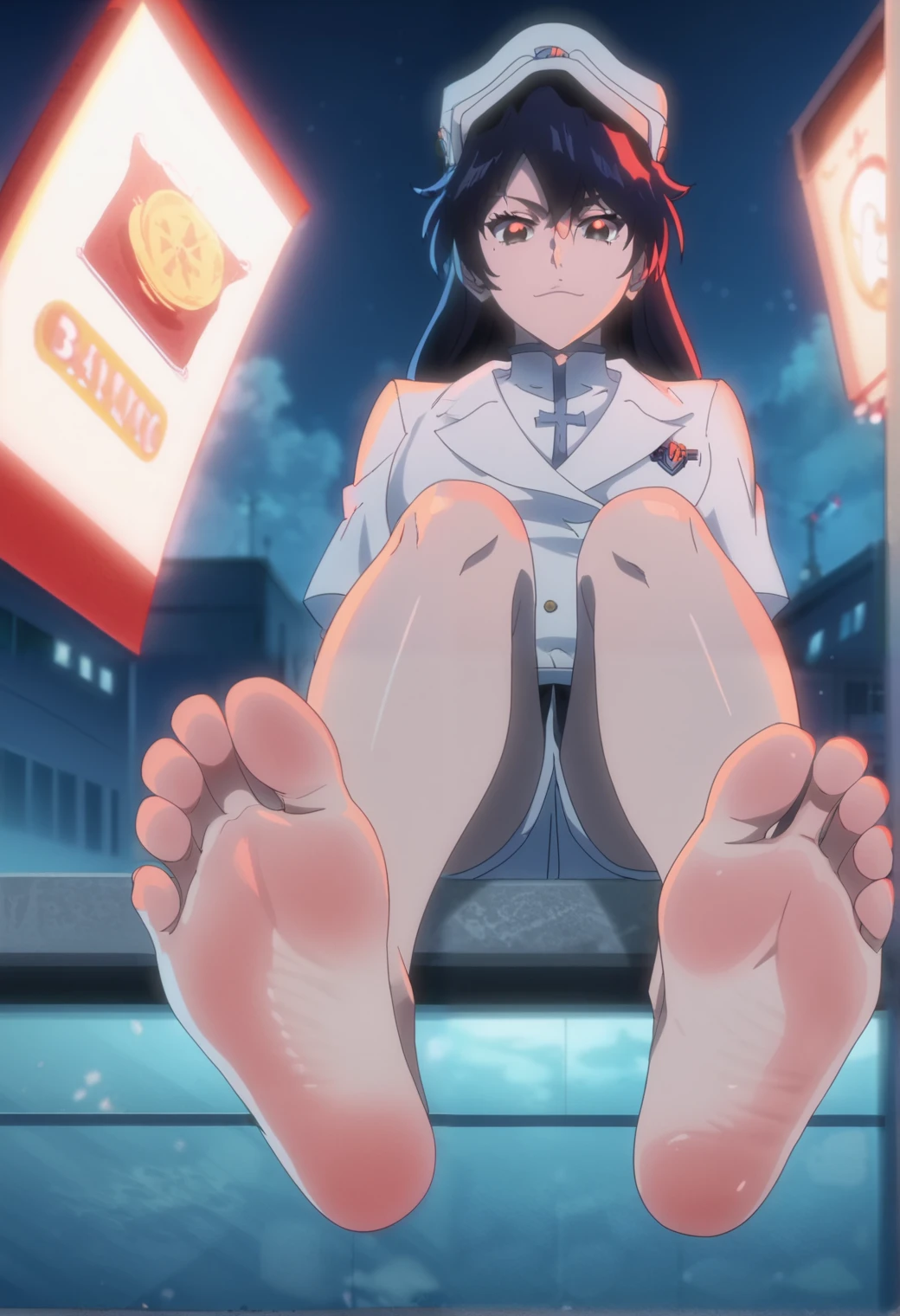 Score_9, score_8_up, source_anime, 1girl, female, Bambietta Basterbine, alone, looking at viewer, in the city, night, sitting, cowboy shot, ANIME SCREENCAP, anime coloring, barefoot, perfect feet, anatomically correct, soles, low angle, focal length 35mm, each foot has five toes, front, symmetrical soles, foot focus