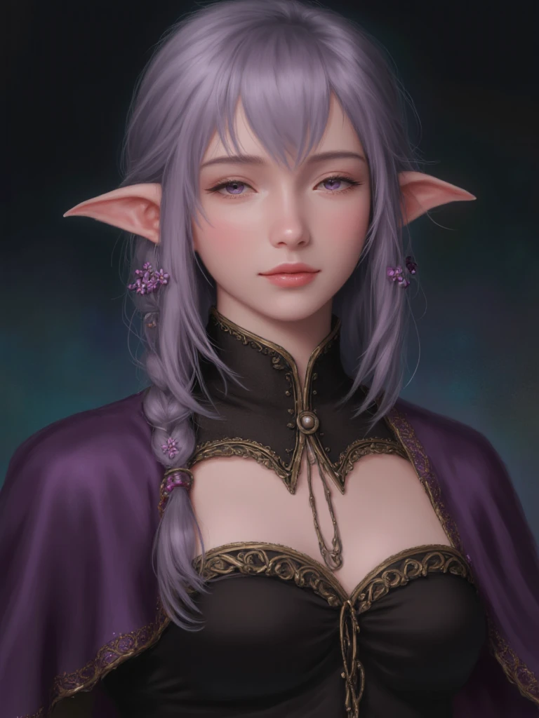 Image is a digital painting in a fantasy style, featuring an elf-like character. The subject has pointed ears and delicate facial features, with fair skin and a serene expression. Her hair is a soft lavender color, intricately braided and adorned with small purple flowers. She wears ornate armor with gold detailing, and a purple cloak drapes over her shoulder. The background is a blend of dark and muted colors, creating a mystical and ethereal atmosphere. The lighting highlights her face and the intricate details of her attire, adding depth and focus to the composition.