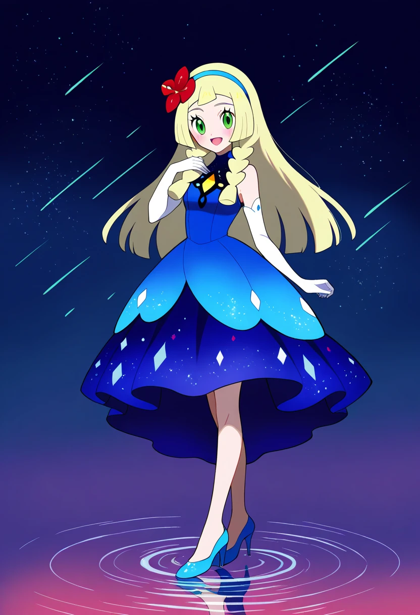 1girl, green eyes, blonde hair, long hair, twin braids, braid, hair flower, eyelashes, blush, gloves, elbow gloves, dress, blue dress, hair ornament, hairband, high heels, sleeveless, sleeveless dress, shoes, standing, looking at viewer, flower, solo, lillie (pokemon), official alternate costume, full body, smile, closed mouth, white gloves, ripples, blue hairband, blue footwear, red flower, hand up, sky, star (sky)