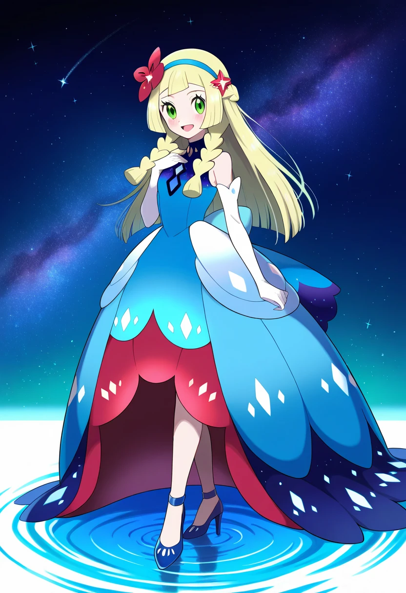 1girl, green eyes, blonde hair, long hair, twin braids, braid, hair flower, eyelashes, blush, gloves, elbow gloves, dress, blue dress, hair ornament, hairband, high heels, sleeveless, sleeveless dress, shoes, standing, looking at viewer, flower, solo, lillie (pokemon), official alternate costume, full body, smile, closed mouth, white gloves, ripples, blue hairband, blue footwear, red flower, hand up, sky, star (sky)