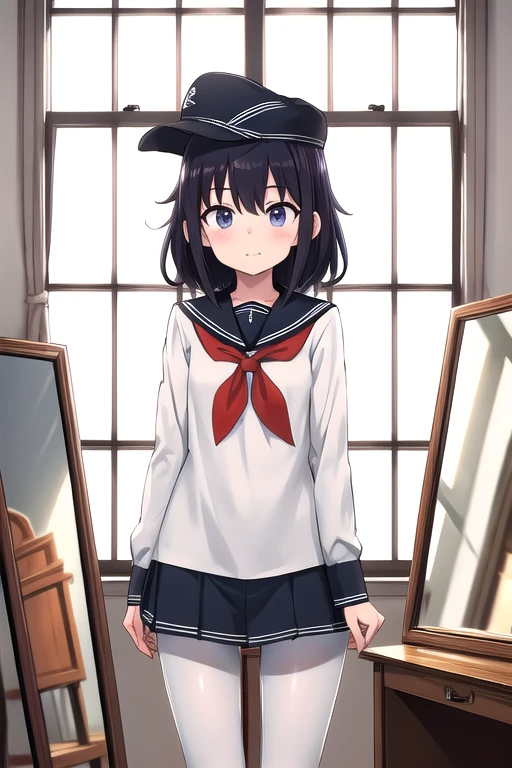 ( best quality,4K,8k, high definition ,masterpiece:1.2)，Akatsuki， a very young girl ，Very short stature:1.3， toddler figure :1.2，Short legs， flat cap,  sailor suit ， white shirt,  Long Sleeve ， pantyhose ，green， Window ，Shine， Cowboy Shooting ， kampala，Amazing hands ，Stop watching 、 perfect hands to get close to a mirror，upside down， girls panties ， sarcasm ，