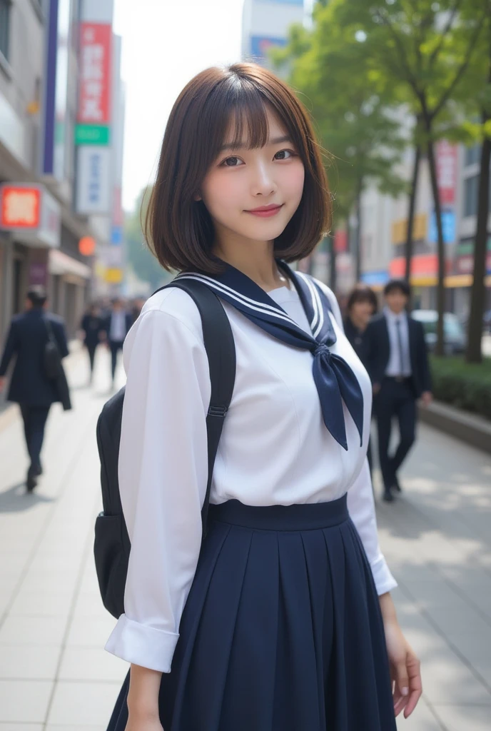 (masterpiece,  best quality:1.2),  one girl who is at ease, Alone, 1,  Japanese woman with a viewing angle of, Super cute idol-like face , Beautiful model-like figure,  double eyelid big eyes , ( white shirt,  sailor school uniform ,  Navy Blue Pleated Skirt:1.2),  dark brown hair ,  Medium Straight Hair, With bangs, Carry a backpack to school, smile, The background is Shibuya Ward, Tokyo
