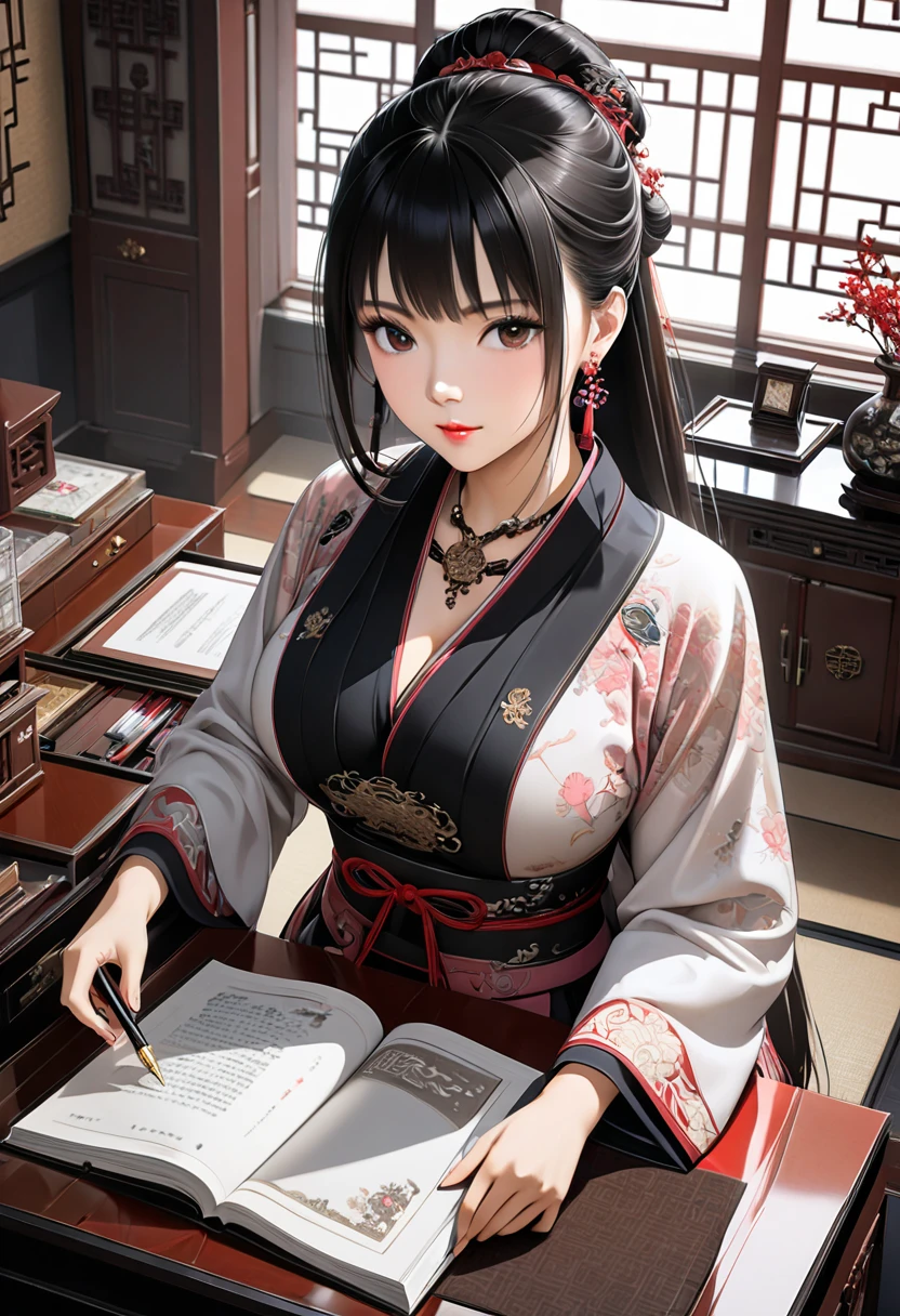 (masterpiece,  best quality, High image quality, 8k,  high definition ),  beautiful young woman, One person,  Long Black Hair , Tie up at the back,  up hair ,  most beautiful woman with hanging eyes, Beautiful brown eyes, Beautiful pink lips,  anatomically beautiful figure, Mid-chest, Traditional clothing,  shoulder, sleeve ,  Necklaces ,  earrings for a woman alone,  Chinese-style Interior , Dispatch items, A Millionaire's Home , Spacious interior, There is a desk, There is a book,  chair with an inamic angle,  reading a book at the desk, There is a pen holder on the desk , Depiction from oblique and slightly above, Angle from the front,  watching here,  Detailed Illustration Art ,  Digital Art , 