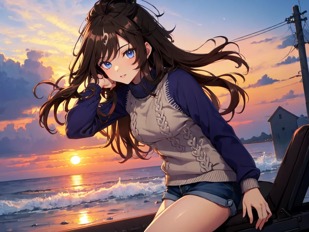 Solo, 1 girl, (human ears), (dark blue eyes), (short stature), (black hair, long hair), (normal face), (face lying on air mattress, hands on head, looking at camera), (denim shorts, turtleneck cable knit sweater, heavy clothing, winter clothes), (sunset sky, evening sun, evening sky, beachside), (chest centered, oblique angle), (high resolution, masterpiece, accurate, anatomically correct, multiple awards, top quality, detailed, high quality model, high detail, high quality, quality, retina, highly detailed, textured skin, ultra high resolution)