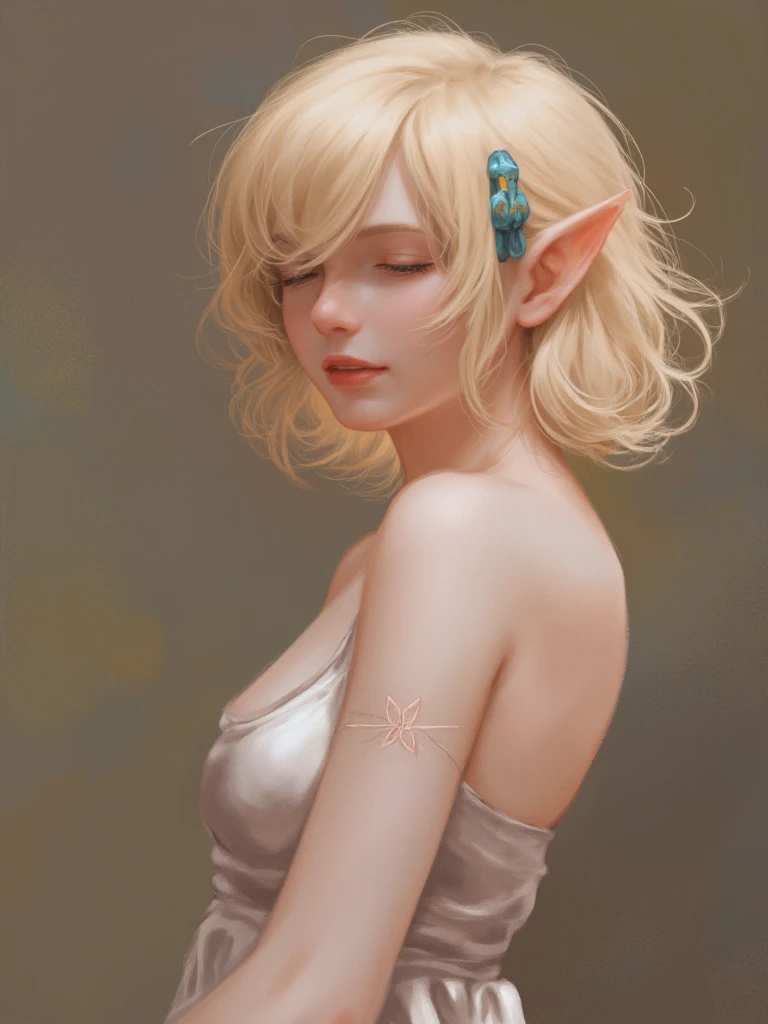 Image is a digital painting featuring a young female character with a fantasy theme. The style is impressionistic with soft brush strokes and a warm color palette. The subject has light skin and pointed elf-like ears, with short, wavy blonde hair adorned with a blue hairpin. Her eyes are closed, and her expression is serene and contemplative. The background is an abstract blend of earthy tones, complementing the subject's attire, which is a simple, strapless garment. The overall composition is balanced, with the character positioned slightly off-center, creating a sense of depth and focus on her delicate features.