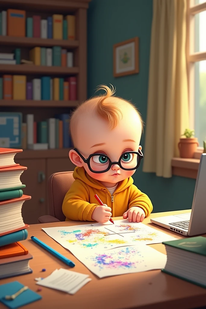 Create a digital illustration of one baby boy character with blonde hair, styled similarly to the original curly hair. The character should wear glasses and a hoodie, similar to the reference image. Set the character in a student room with high tech computers and advanced technology. Ensure the lighting highlights the character's features and the high-tech environment, maintaining a vibrant and dynamic atmosphere.