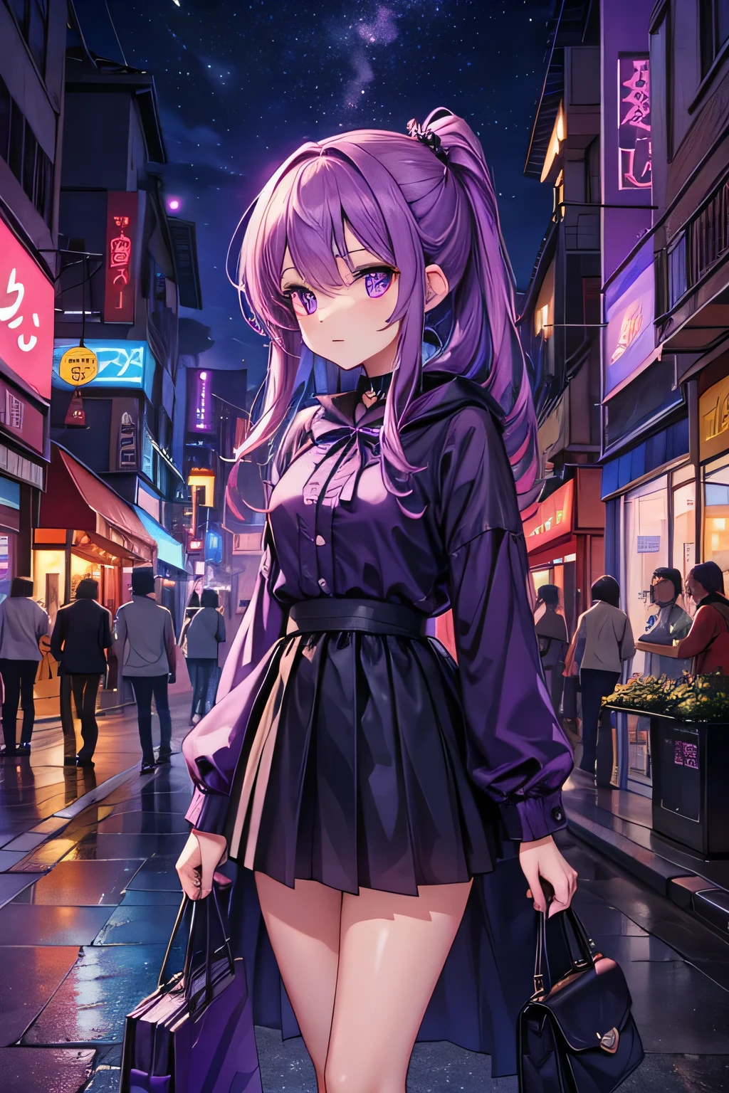masterpiece, best quality, 1girl, purple hair,pink eyes, long hair,(small breasts),standing on street, (collar T-shirt), underwear straps, pink Skirt, front view, standing,City Night, Neon light, Background Tokyo street, taxi, dating, shy,headwear, hands behind back