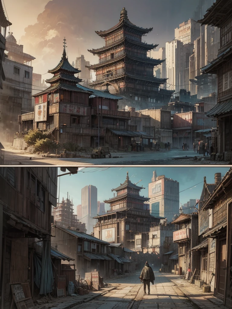  anime-inspired city scene with a man in a cloak, Ghost of Tsushima,   Traditional Japanese Concept Art , Dreamy city in China, Ancient Chinese Towns , Axe and the World of Bloodborne, Cyberpunk Chinese Temple ,  4K resolution concept art , Chinese cities, 4K Concept Art, 4k concept art , Houju concept art,   Concept Art Amazing Vibes 