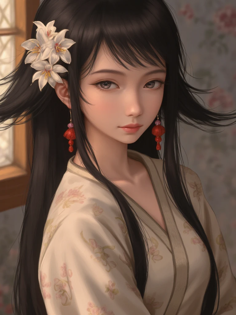 Image is a digital illustration featuring a young woman with long, flowing dark hair adorned with delicate white flowers. Her skin is pale, and she has soft, delicate facial features with a serene expression. She is wearing a traditional, light-colored robe with subtle floral patterns. Her earrings are long and red, adding a touch of color to her attire. The background is a blend of warm tones with a hint of floral motifs, and a window with a geometric pattern is partially visible, casting soft light. 