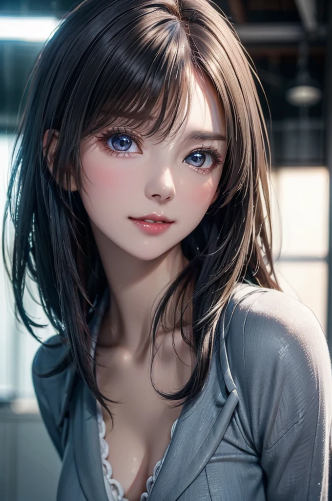 (8K, best quality:1.3), hyper-realistic detailed, (photorealistic:1.3), (RAW photo:1.2), soft lighting, A gaze that captivates the viewer, portrait, (very short silver-white hair), detailed hair, cute face, glowy skin, beautiful breasts, suit, blouse, downblouse