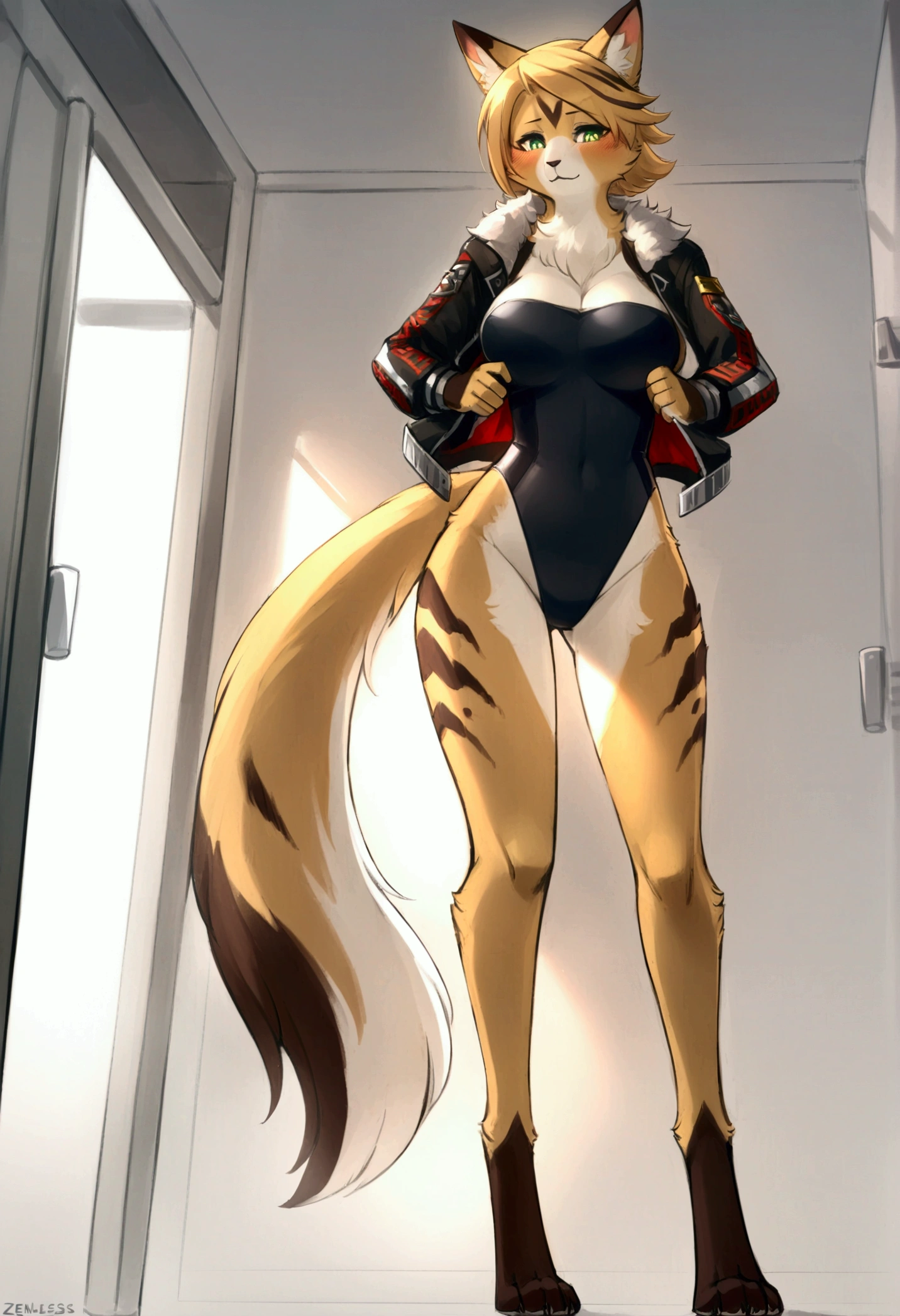 (top quality, best quality, Bahnbahn, High-quality illustrations, masterpiece, perfect artwork, cinematic light and shading, 16k, 1080p, uploaded on e621)(kemono, furry, anthro, alone), 1 female, (very detailed body, face, tail, arms, hands, legs, head and eyes), Pulchra, (Zenless Zone Zero), slim body, wide hips, big breast, fur, fluffy, cat ears, cat fluffy tail, cat hair, perfect eyes, green eyes, black pupils, beautiful jacket, beautiful one-piece swimsuit, in changing room, body movement, body twitching, red blushing,