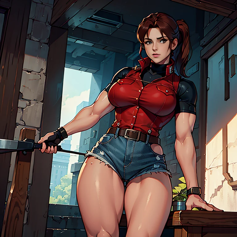 (   High-definition CG), (    best quality ), (   High-definition CG), (    best quality ), (  Claire Redfield), (Overall view) SWAT Clothing, beautiful and attractive young woman,    Stronger muscles  ,  Big Breasts , 