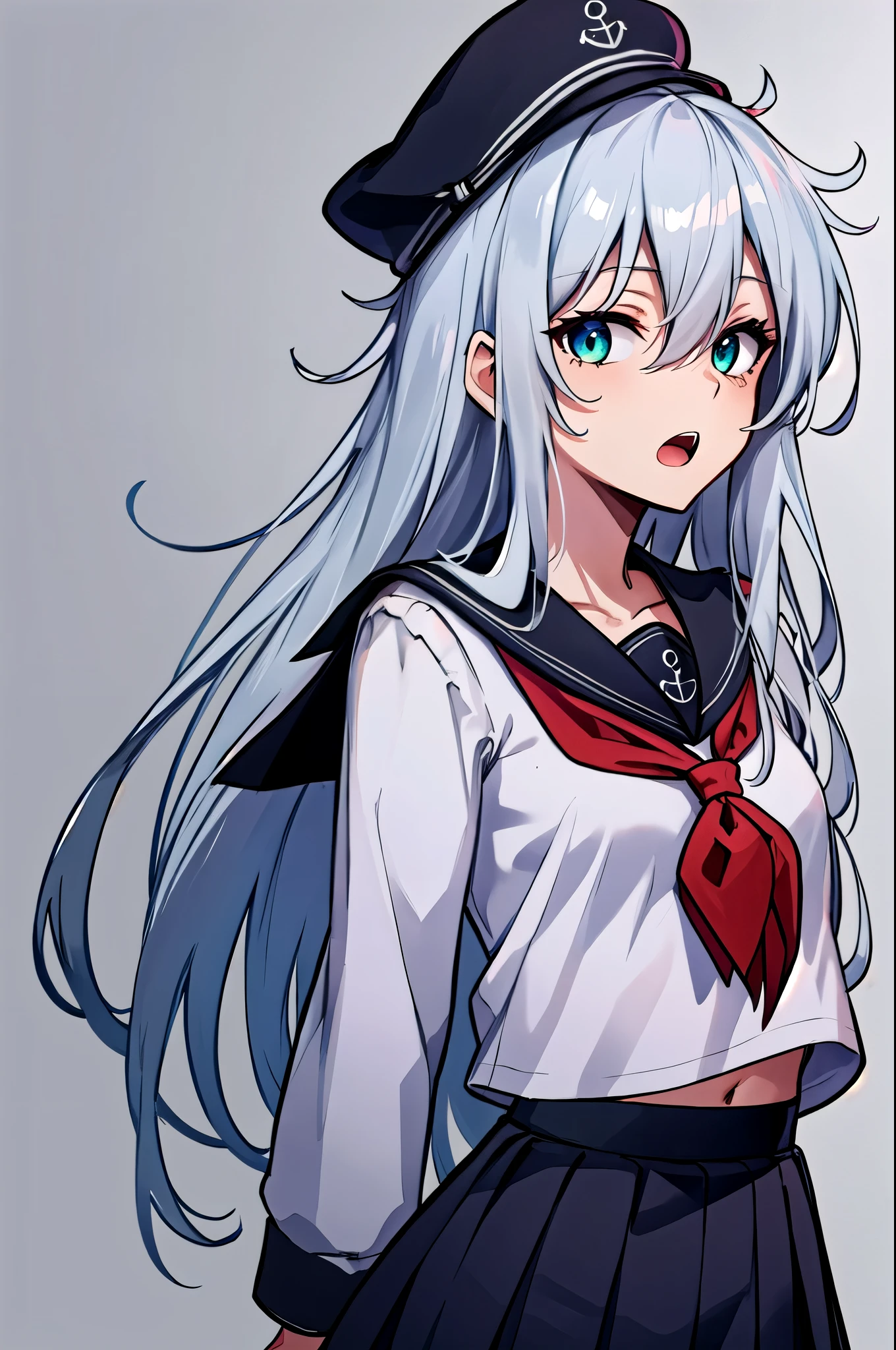  best quality, masterpiece,  high definition , Alone, {Hibiki_ kantaicolection :1.15}, length_hair, green_eye, , hair_between_eye, Seraph, gray_hair, hin, white_hair, anchor_symbol,  1 girl , black_ headwear, black_Sailor_ color, black_ skirt, flin_ cap, length_sleeve,  Neckerchief , pleined_ skirt, red_ Neckerchief , Sailor_ color, School_uniform,  skirt, cowboy_shot, white_background, Simple_background, black_太ももまin丈の靴下, Watching_in_ viewer, open_mouth