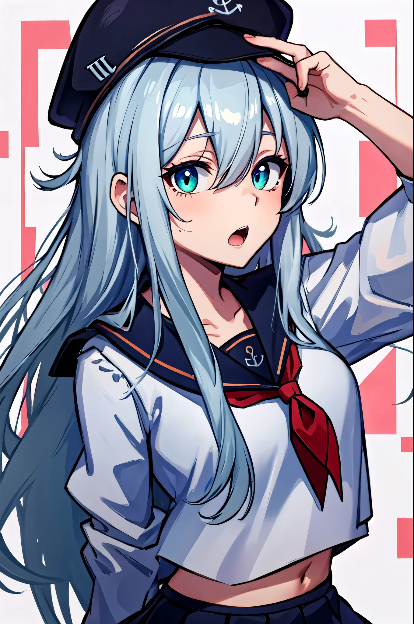  best quality, masterpiece,  high definition , Alone, {Hibiki_ kantaicolection :1.15}, length_hair, green_eye, , hair_between_eye, Seraph, gray_hair, hin, white_hair, anchor_symbol,  1 girl , black_ headwear, black_Sailor_ color, black_ skirt, flin_ cap, length_sleeve,  Neckerchief , pleined_ skirt, red_ Neckerchief , Sailor_ color, School_uniform,  skirt, cowboy_shot, white_background, Simple_background, black_太ももまin丈の靴下, Watching_in_ viewer, open_mouth