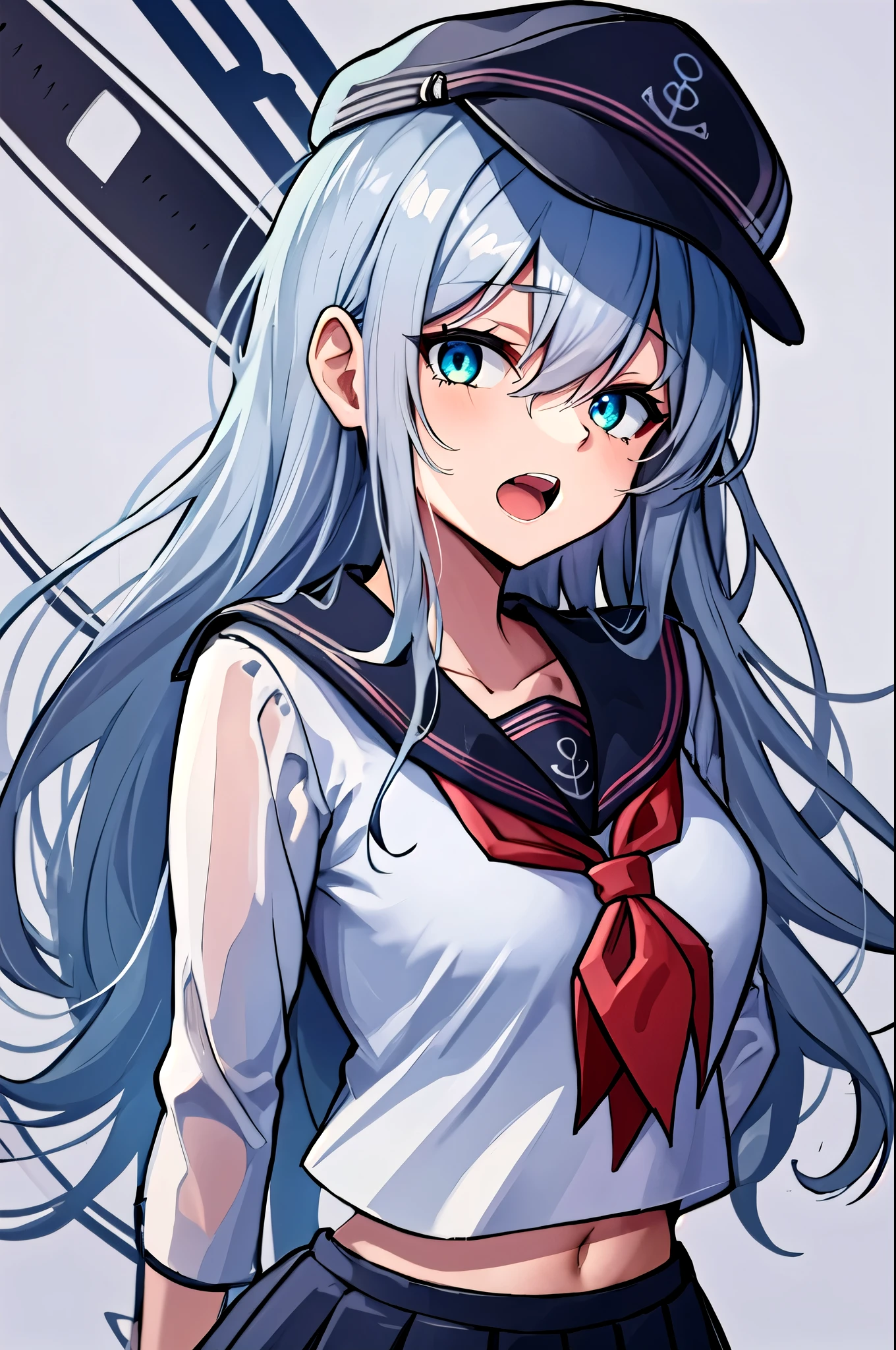  best quality, masterpiece,  high definition , Alone, {Hibiki_ kantaicolection :1.15}, length_hair, green_eye, , hair_between_eye, Seraph, gray_hair, hin, white_hair, anchor_symbol,  1 girl , black_ headwear, black_Sailor_ color, black_ skirt, flin_ cap, length_sleeve,  Neckerchief , pleined_ skirt, red_ Neckerchief , Sailor_ color, School_uniform,  skirt, cowboy_shot, white_background, Simple_background, black_太ももまin丈の靴下, Watching_in_ viewer, open_mouth