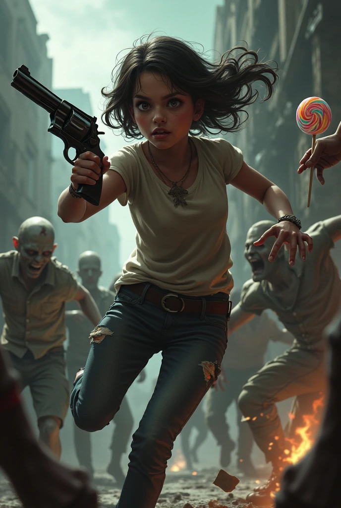 A cover image of a woman wearing a Thai school uniform, white shirt and black A-line skirt, fighting fiercely against a horde of zombies wearing different clothing, blood splattered, with a baseball bat hitting the zombies&#39; heads. She wears tattered clothes, do not expose herself. The scene is dark and atmospheric, with a realistic and fierce style. The background is an old Thai temple, with a broken down tuk tuk parked nearby.