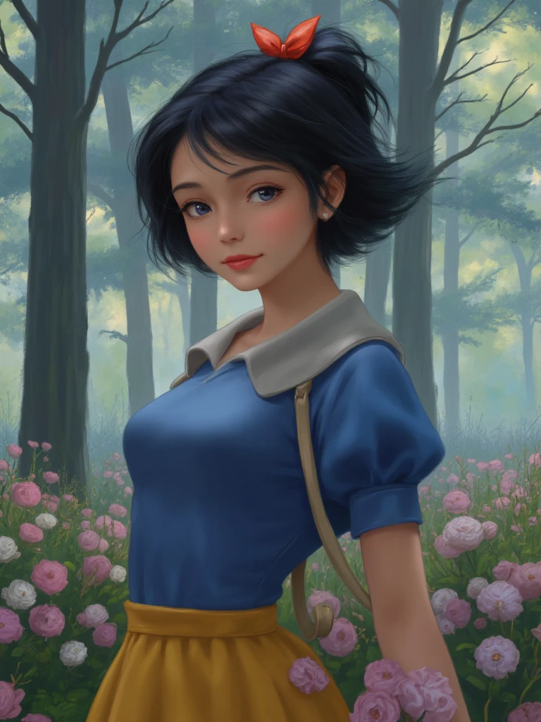 Image is a digital illustration featuring a young woman with fair skin and short, wavy black hair adorned with a red ribbon. She has delicate facial features, including large, expressive eyes and rosy cheeks. The subject is wearing a blue dress with puffed sleeves and a white collar, complemented by a yellow skirt. The background is a lush, enchanted forest setting, filled with blooming pink and white flowers, and dappled sunlight filtering through the trees, creating a magical and serene atmosphere. The overall style is vibrant and detailed, with a soft, ethereal quality to the lighting and colors.