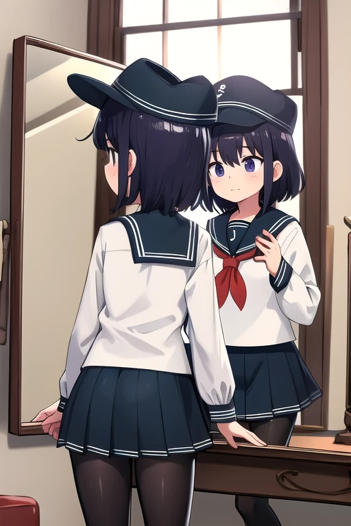 ( best quality,4K,8k, high definition ,masterpiece:1.2)，Akatsuki， a very young girl ，Very short stature:1.3， ddler figure :1.2， flat chested，Short legs， flat cap,  sailor suit ， white shirt,  Long Sleeve ， pantyhose ，green， Window ，Shine， cowboy shot，amazing perfect hands，Stop watching 、 perfect hands to get close to a mirror，upside down， girls panties ， sarcasm ，