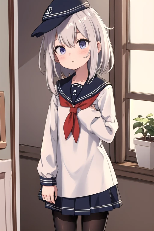 ( best quality,4K,8k, high definition ,masterpiece:1.2)，Akatsuki， a very young girl ，Very short stature:1.3， ddler figure :1.2， flat chested，Short legs， flat cap,  sailor suit ， white shirt,  Long Sleeve ， pantyhose ，green， Window ，Shine， cowboy shot，amazing perfect hands，Stop watching 、 perfect hands to get close to a mirror，upside down， girls panties ， sarcasm ，