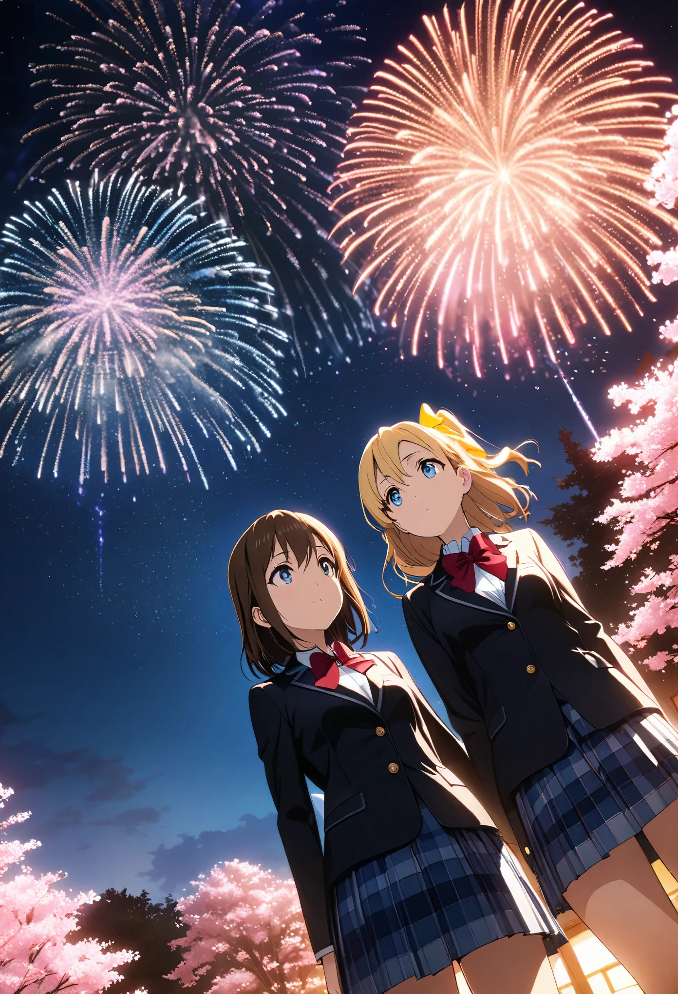 Row of cherry blossom trees in the night sky, big fireworks going off in the night sky, two girls looking up at the sky, dynamic angle, anime illustration, octane rendering, masterpiece, best quality, extremely detailed CG unity 8k wallpaper, school uniform, black blazer, blue plaid skirt, one side up, yellow hair bow, red bowtie, medium hair, brown hair, blue eyes