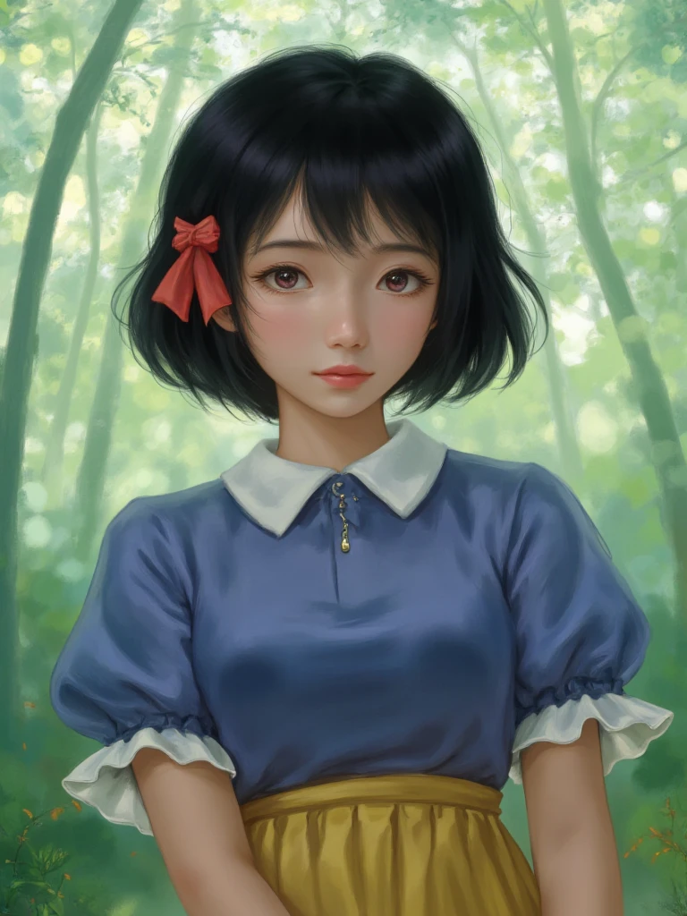 Image is a digital illustration featuring a young woman with fair skin and short, wavy black hair adorned with a red ribbon. She has delicate facial features, including large, expressive eyes and rosy cheeks. The subject is wearing a blue dress with puffed sleeves and a white collar, complemented by a yellow skirt. The background is a lush, enchanted forest setting, dappled sunlight filtering through the trees, creating a magical and serene atmosphere. The overall style is vibrant and detailed, with a soft, ethereal quality to the lighting and colors.