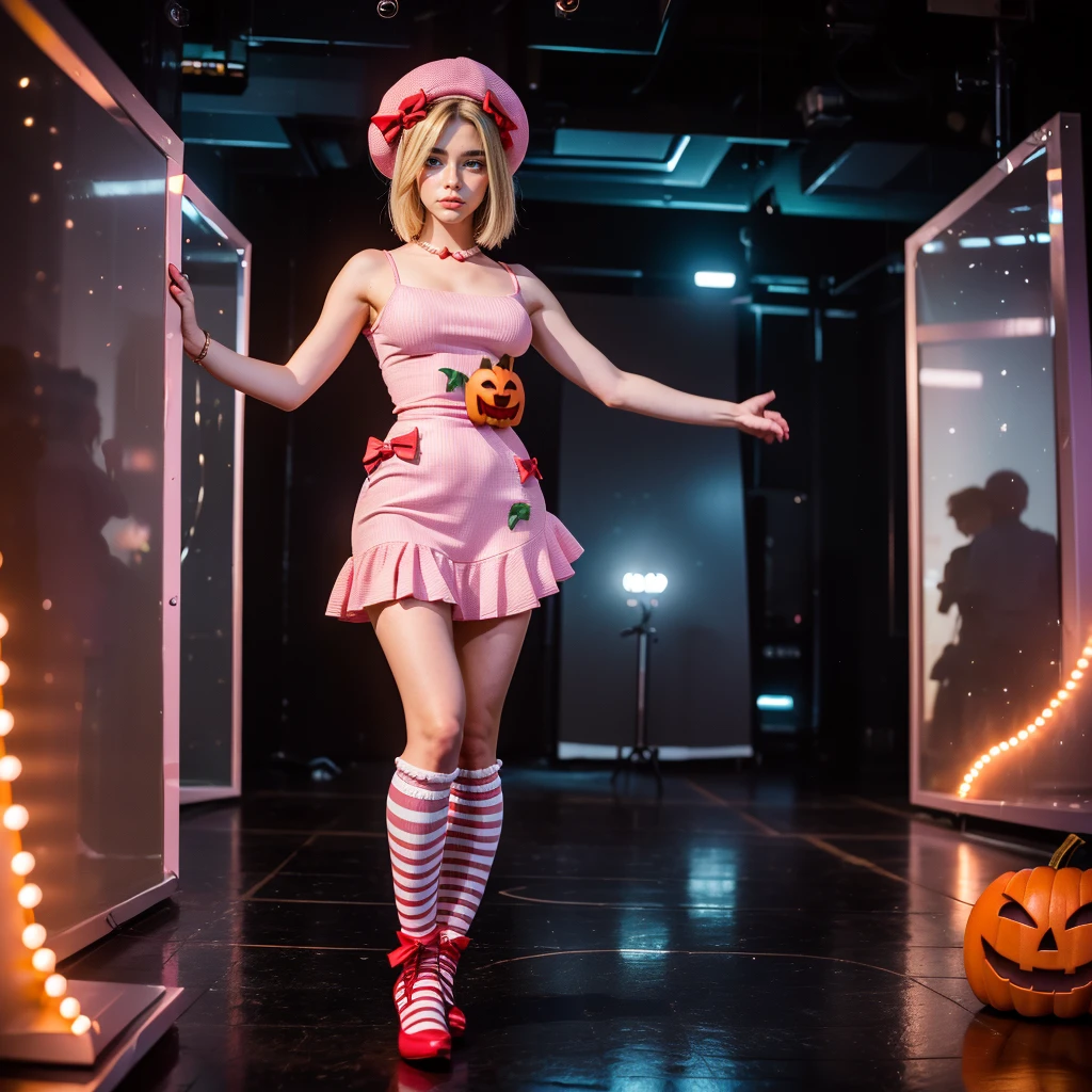 (1 lady), The beautiful, (Best quality at best:1.4), (ultra - detailed), (extremely detailed CG unified 16k), gold blonde hair, very detailed, High-definition RAW color photo, professional photoshooting, amazing face and eyes, cosmetics, (amazingly beautiful girl), ((lambdadelta, taller, tall woman)), ((dress, shoes bow, red shoes, striped stockings, red bow, pink hat, necklace, gloves, pearl, pumpkin brooch, pink dress)), levitating in a cute posture (floating in the air), (She's levitating in a cosmic sea, outer space:1.3, quantum hyperspace room lacking walls, hyperspace chamber, extremely detailed background, a lot of details background, realistic outer space background with stars quasars and cosmic bodies, brighter background), (look from above), realistic cinematic face, head to feet long wide zoomed out view, full body long view, photorealistic, ((realistic natural blonde hair style, red eyes)), gorgeous, extremely beautiful face, perfect model beauty, pout mouth, Highly Detailed Face and Skin Texture, Detailed Eyes, Double Eyelids, Small Breasts, Persistent Stare, Faith Trance, (mystical stare, looking eternity), (masterpiece), best quality, high resolution, depth of field, cinematic lighting, amazing legs, pink combat boots, clear and well-cared skin