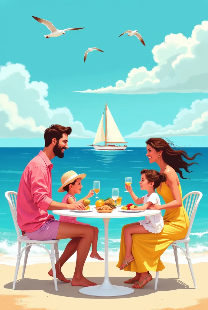 Hedkandi-inspired modern illustration of a Scandinavian family--a young couple with two s, a boy and a girl--enjoying a joyful morning breakfast at a round white table. The family is dressed in vivid, stylish beach clothing in bright summer colors, featuring blues, pinks, yellows, whites, and turquoise with translucent details. The background showcases a serene sea skyline with a graceful sailing boat and seagulls gliding in the clear blue sky. The illustration is vibrant and happy, rendered in a popish vector flat style with fashion-inspired fine lines and a balanced, professional composition. The scene bursts with vivid, modern colors and captures a masterpiece-level summer atmosphere, blending brightness, elegance, and playful charm.--stylize750
