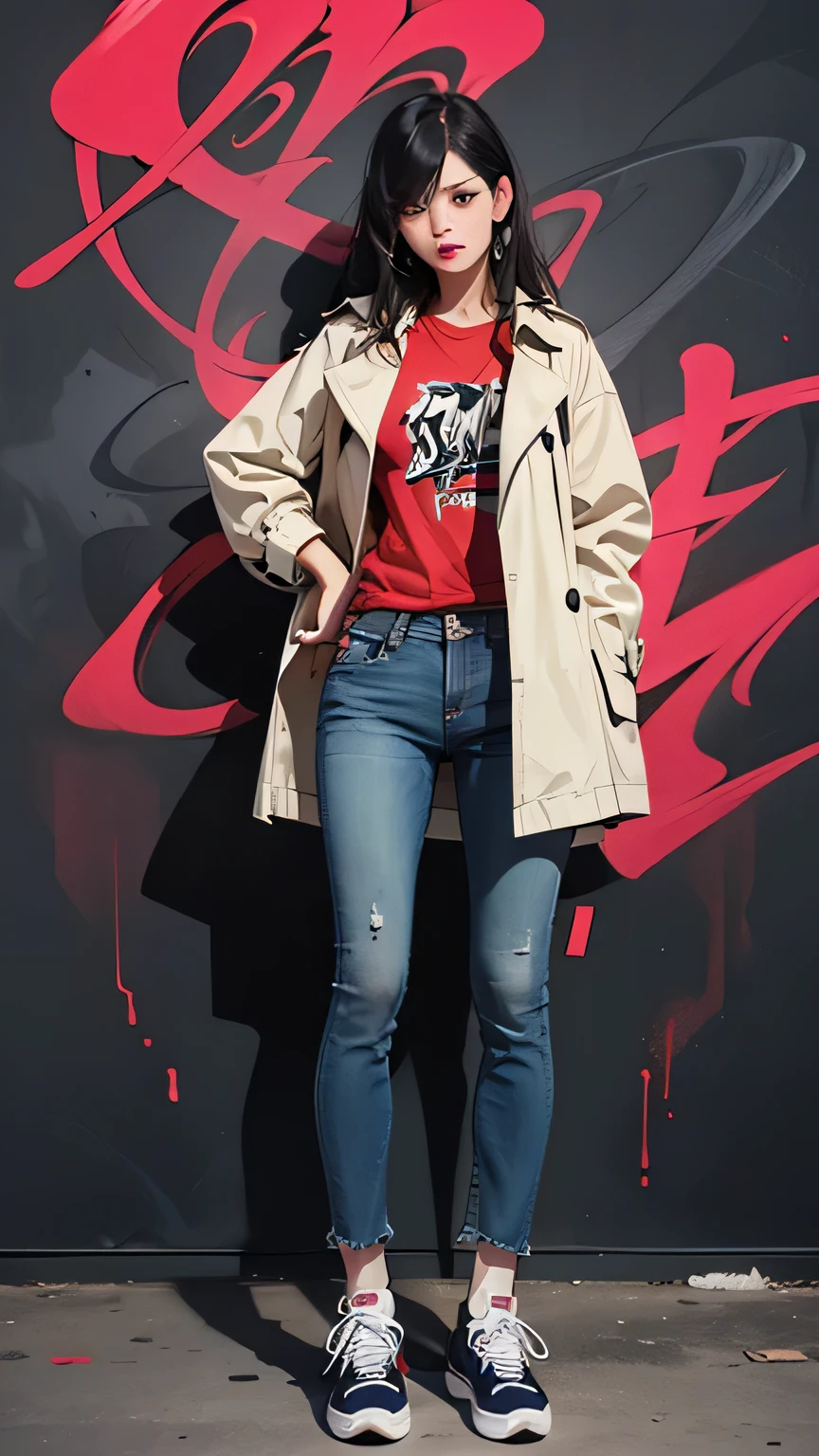 Masterpiece, high quality, best quality, 8K, wallpaper, detailed, realistic）, One woman, Chinese pop singer, stylish trench coat, jeans, sneakers, long slender legs, black hair, beautiful hands, fringe, full body shot, simple red background, reeds, (Graffiti wall: 1.2), muscular, strong, brave