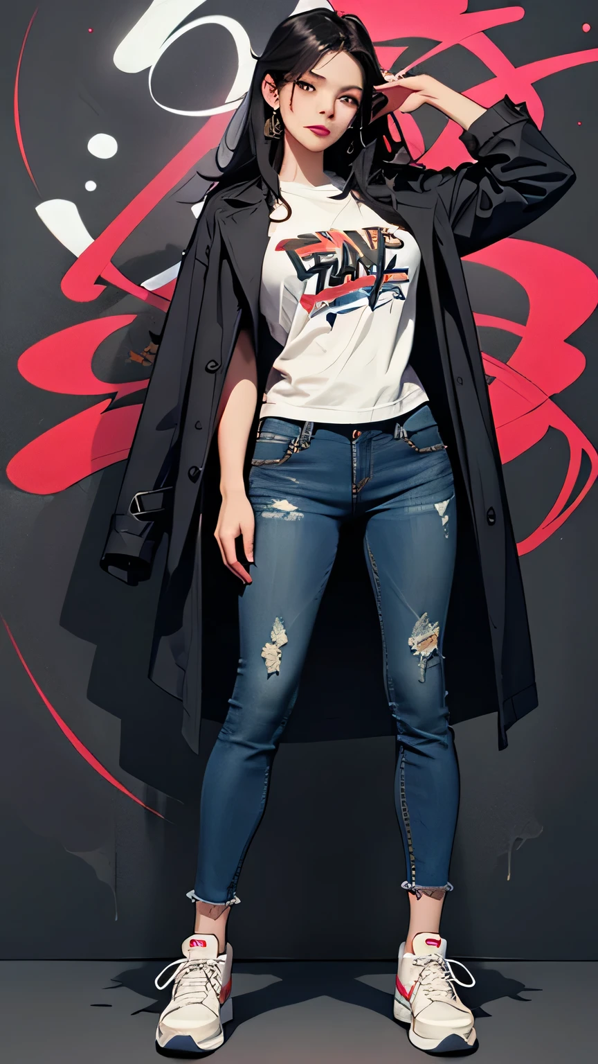 Masterpiece, high quality, best quality, 8K, wallpaper, detailed, realistic）, One woman, Chinese pop singer, stylish trench coat, jeans, sneakers, long slender legs, black hair, beautiful hands, fringe, full body shot, simple red background, reeds, (Graffiti wall: 1.2), muscular, strong, brave