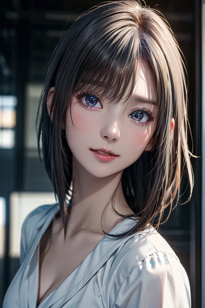 (8K, best quality:1.3), hyper-realistic detailed, (photorealistic:1.3), (RAW photo:1.2), soft lighting, A gaze that captivates the viewer, portrait, (very short silver-white hair), detailed hair, straight bob hair, cute face, glowy skin, beautiful breasts, suit, blouse, downblouse