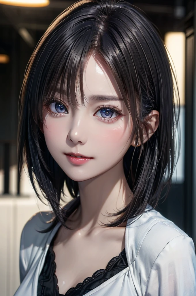 (8K, best quality:1.3), hyper-realistic detailed, (photorealistic:1.3), (RAW photo:1.2), soft lighting, A gaze that captivates the viewer, portrait, (very short silver-white hair), detailed hair, straight bob hair, cute face, glowy skin, beautiful breasts, suit, blouse, downblouse