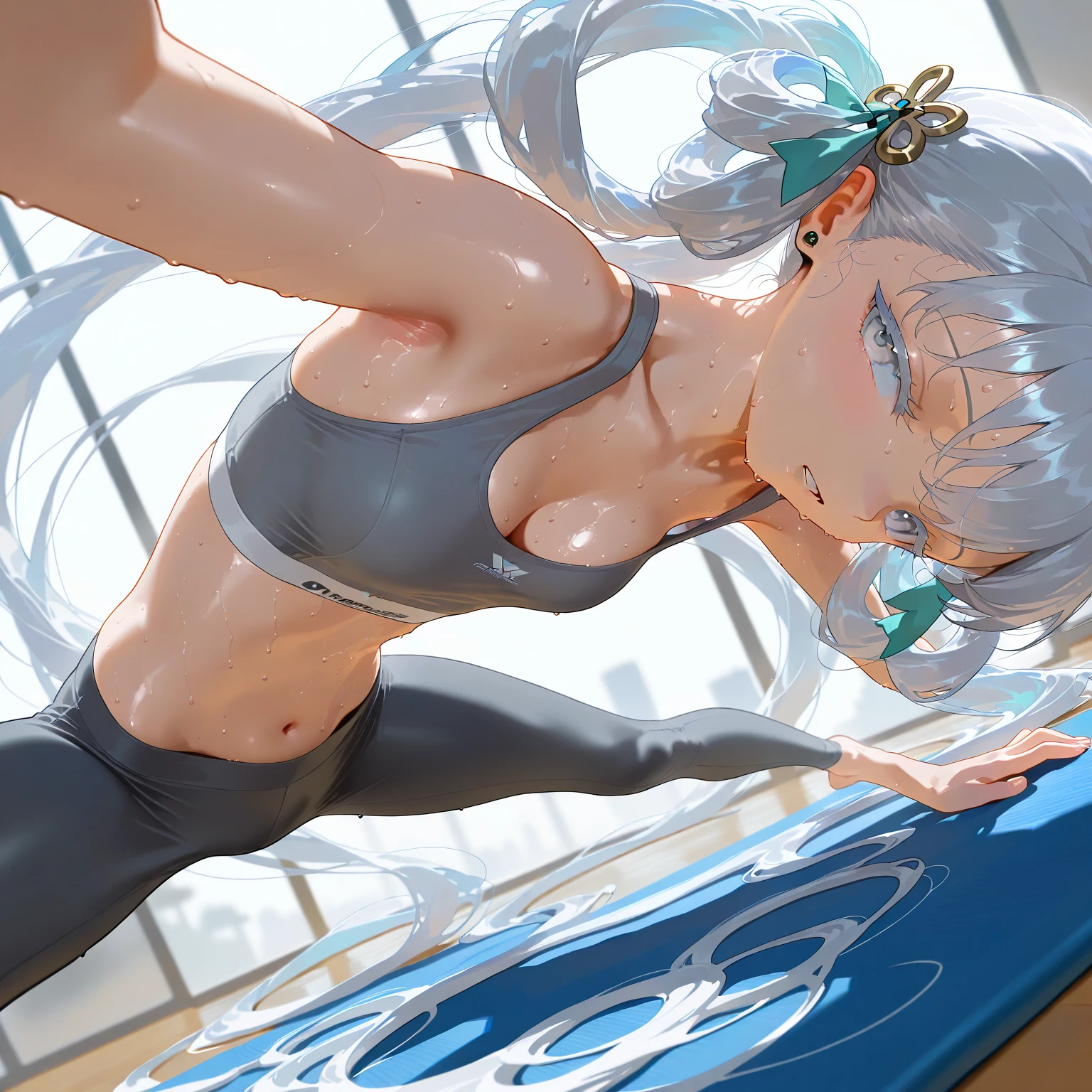 masterpiece, best quality, amazing quality, very aesthetic, absurdres, newest, detailed shading, photorealistic, shiny skin, humid skin, sweat, BREAK 1girl, looking at viewer, parted lips, petite, jinhsi \(wuthering waves\), silver hair, absurdly long hair, low twintails, silver eyes, colored eyelashes, sports bra, grey yoga pants, fine fabric emphasis, yoga, yoga mat, gym, chiaroscuro, BREAK masterpiece, best quality, amazing quality, very aesthetic, absurdres, newest, dutch angle, perspective,