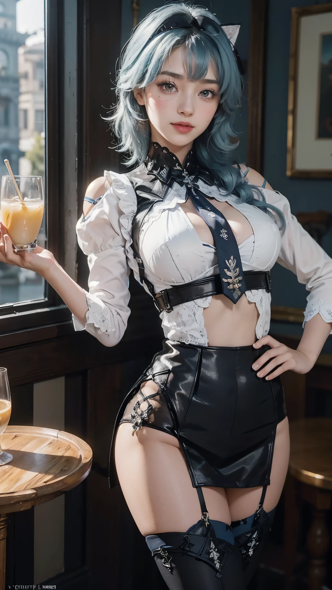 Realistic, Highest quality, High resolution, Attention to detail, ストリッパークラブでスリップドレスを着たsexyな美しいポールダンサーの女性, Tight big breasts, Big Hips, Long legs, Green Hair, sexy, Blushing, Perfect white skin, Show your hand