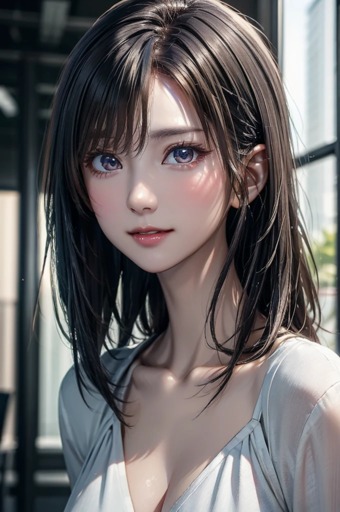 (8K, best quality:1.3), hyper-realistic detailed, (photorealistic:1.3), (RAW photo:1.2), soft lighting, A gaze that captivates the viewer, portrait, (very short silver-white hair), detailed hair, straight bob hair, cute face, glowy skin, beautiful breasts, business suit, blouse, (downblouse)