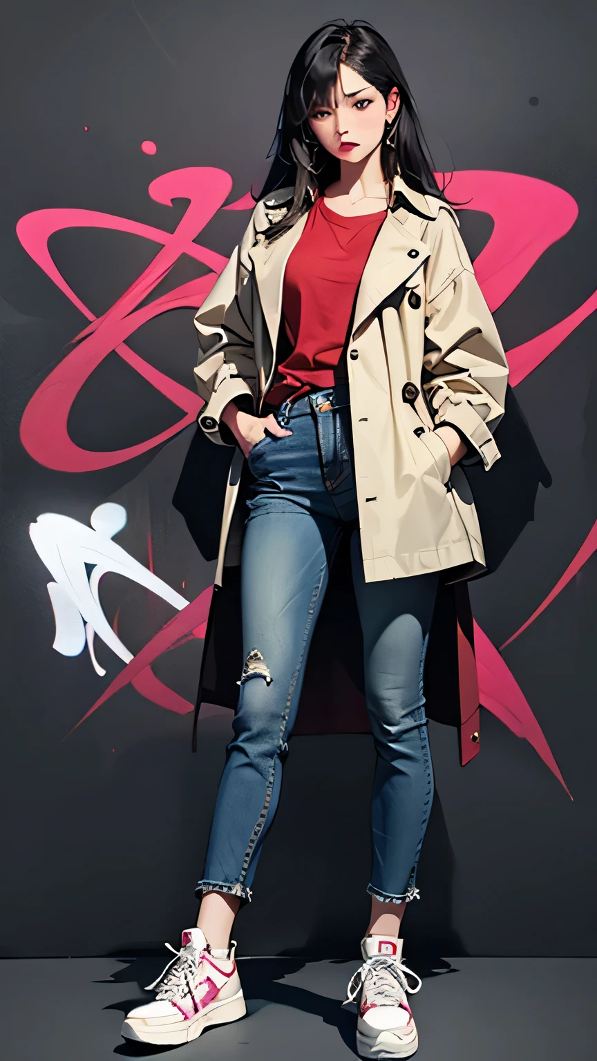 Masterpiece, high quality, best quality, 8K, wallpaper, detailed, realistic）, One woman, Chinese pop singer, stylish trench coat, jeans, sneakers, long slender legs, black hair, beautiful hands, fringe, full body shot, simple red background, reeds, (Graffiti wall: 1.2), muscular, strong, brave