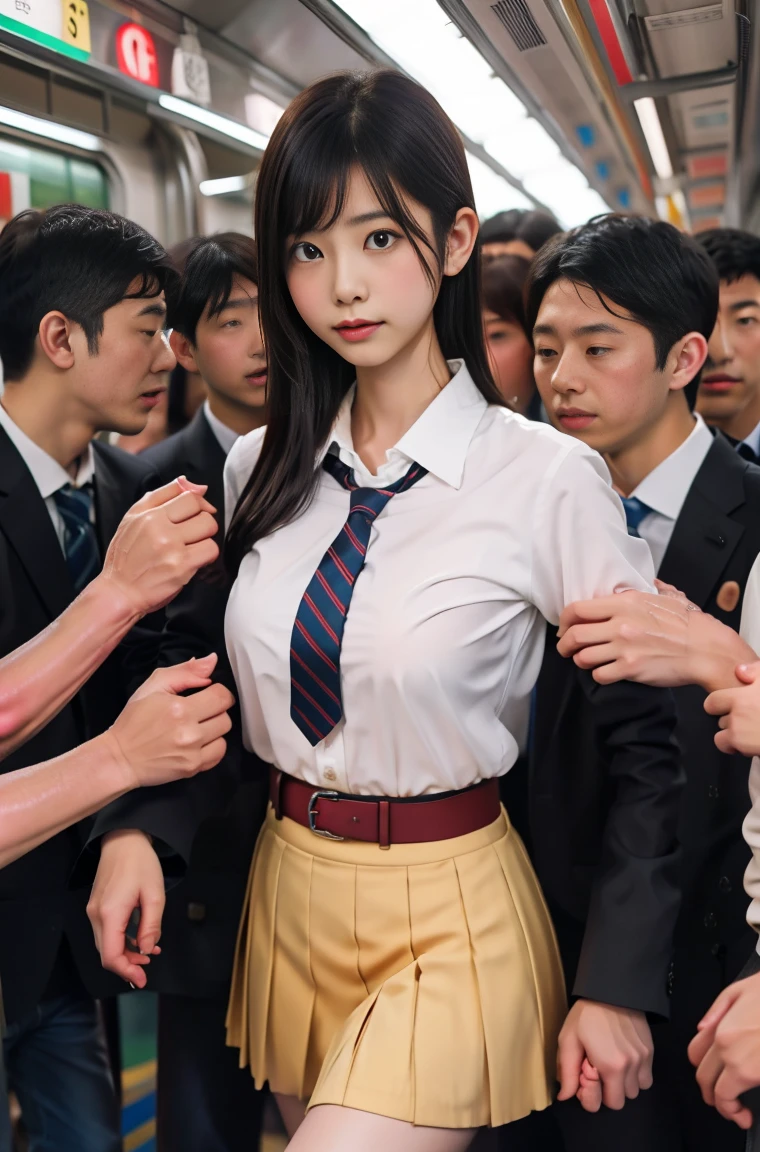 (molestation:1.8) japanese woman, beautiful breasts, (white shirt,red necktie,pleated pattern short skirt, darkbrown hair,bangs,ear,japanese school uniform),tits grab, in the train, Multiple men around her grab her breasts, Chest grab, multiple hands, masterpiece, highest quality, very detailed, molestation, crowd of men, crowd sung, very realistic face, very realistic eyes, crowd of men around her, the person who grabs her body, molestation, masterpiece, highest quality, very detailed, 1 girl, multiple hands, Grab your ass with the crazy crowd, Chest grab, the men around her, squeezed body, Many people grab their tits, Be beaten, pulling on clothes, very wet and sweaty, grab clothes, (There are no women in the crowd), man with necktie, look of disgust, very realistic japanese teen face,14 old,school bag, pinch nipples,be afraid with downcast eyes