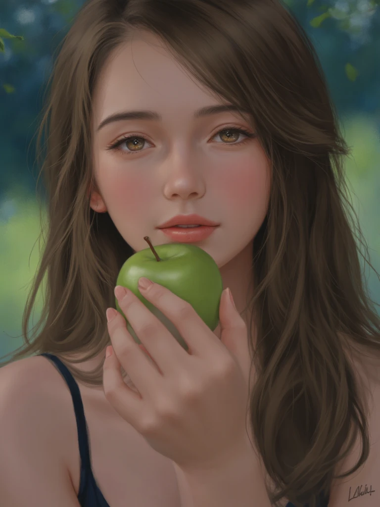 Image is a digital painting featuring a close-up of a young woman with fair skin and long, wavy brown hair. She is depicted in a semi-realistic style with soft brush strokes and vibrant colors. Her facial features are delicate, with large, expressive eyes and a focused expression as she holds a green apple close to her mouth. The background is a blurred mix of green and blue hues, suggesting an outdoor setting with natural light filtering through leaves. The overall composition is balanced, with the subject slightly off-center, creating a dynamic and engaging visual. The image conveys a sense of tranquility and contemplation.