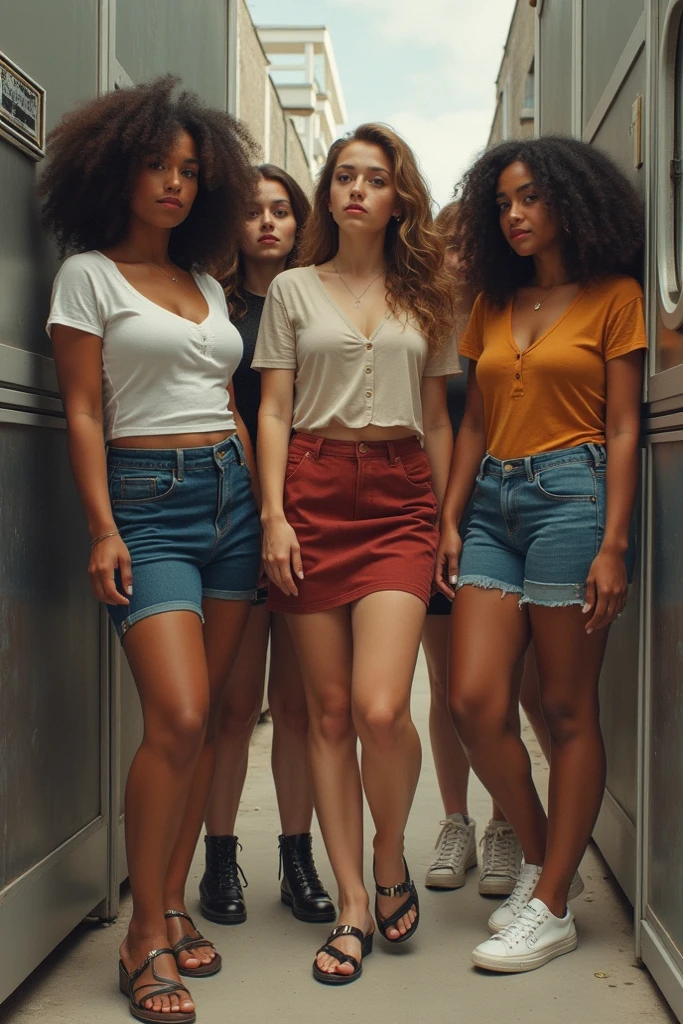((4k)), (((fullhd))) (((perfect face))) beautiful blonde  girl in a clothing store changing room with several other womans standing around holding hangers of clothes and handing them to her ((girls with different skin races ))
