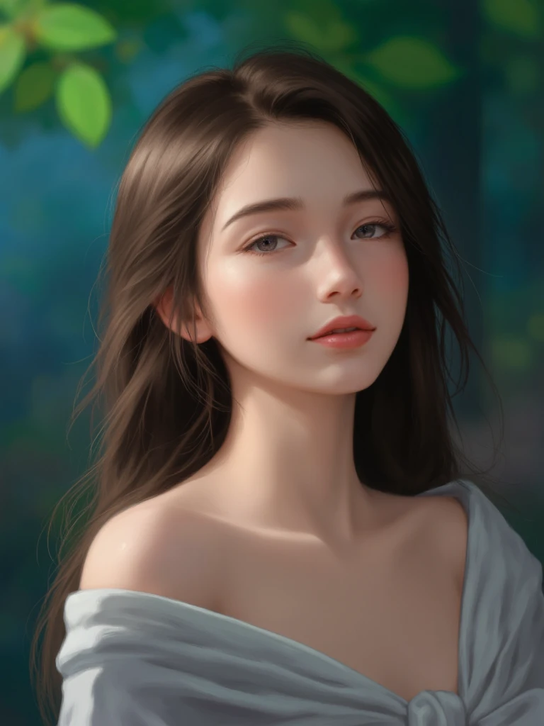 Image is a digital painting featuring a close-up of a young woman with fair skin and long, wavy brown hair. She is depicted in a semi-realistic style with soft brush strokes and vibrant colors. Her facial features are delicate, with large, expressive eyes and a focused expression. The background is a blurred mix of green and blue hues, suggesting an outdoor setting with natural light filtering through leaves. The overall composition is balanced, with the subject slightly off-center, creating a dynamic and engaging visual. The image conveys a sense of tranquility and contemplation.