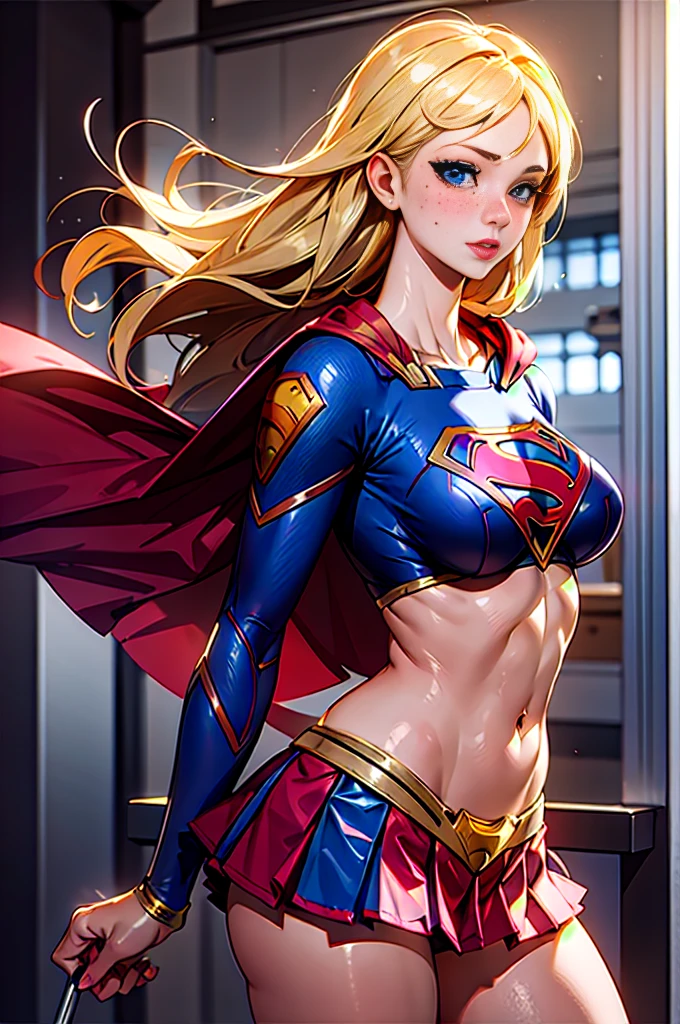 (masterpiece, best quality, sfw, by Krys Decker), 1girl, detailed eyes,perfect body, long blonde hairs,18s,  blue eyes, freckles,  (( cosplay  supergirl, pleated rex miniskirt)), huge breasts,curvy body,dentro de uma piscina, sex erotic hot face , blushing 