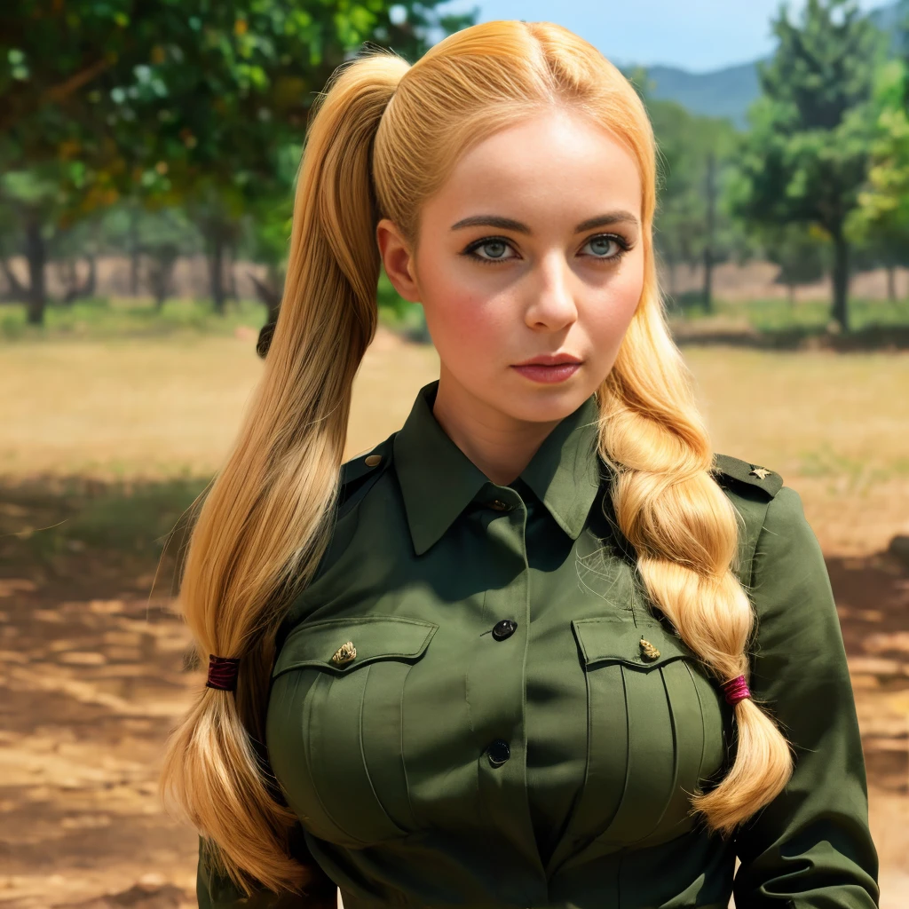 (masterpiece:1.2, best quality), authentic:1.2,realistic, real picture, intricate details, depth of field, 1girl, solo,(full body),make up, parted lips, highly-detailed, perfect face,huge breasts:1.1, (military uniform, pencil skirt),thick thighs, wide hips, attractive waist, tall, glossy coral lips,twintails honey blond hairs, beautiful eyes, sexy, blushing,on battlefield,detailed background, 